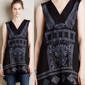 Anthropologie Ranna Gill Black‎ Bohemian Tunic Top Hippie Size XS Blouse Printed